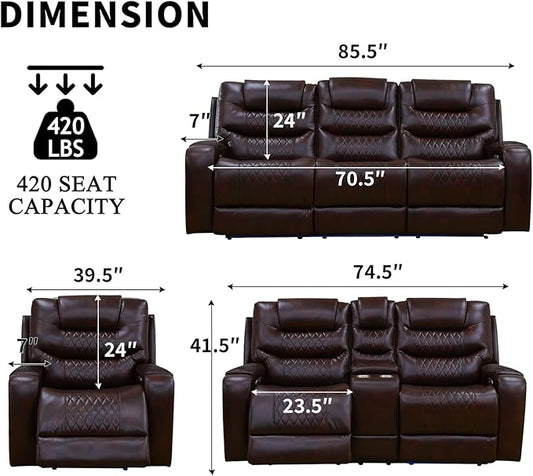 Power Recliner Sofa Set with LED Lights,Leather Reclining Sofa with Charge Port/Drop-Down Table/Storage Console/Cup Holder for Living Room/Office/Home Theater(3 Piece Set,Dark Brown)