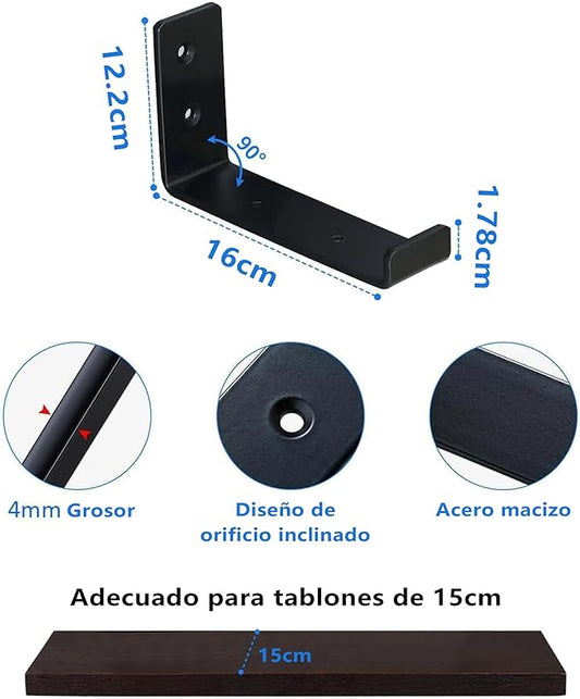 HEART ART Black Shelf Bracket 6 inch, J Metal Heavy Duty Shelf Support Brackets 4 Pack,6.3" L×4.8" H×1.2" W