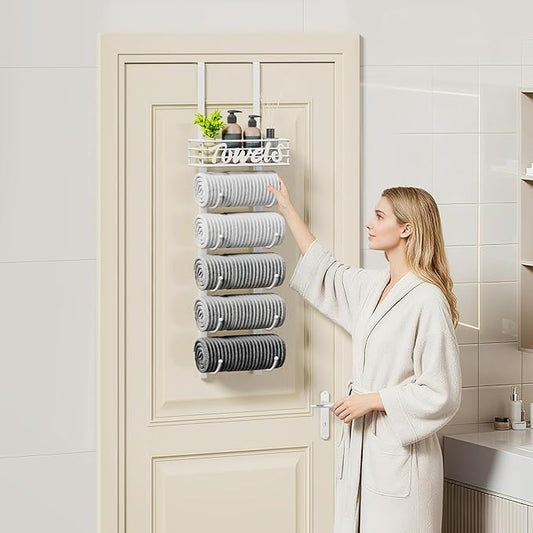 SWTYMIKI Hanging Towel Racks for Bathroom - 6 Tier Over The Door & Wall Mounted Bath Rolled Towel Storage Organizer Holder for Small Bathroom, RV, Camper, White (Patented)