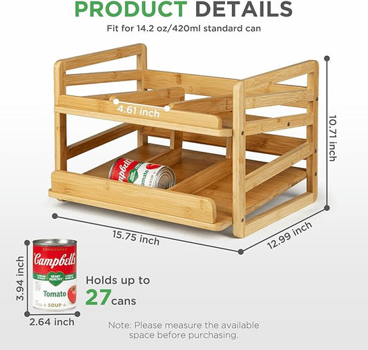 Bamboo Rolling Can Organizer for Pantry, Stackable 2 Tier Canned Food Organizer Rack for Storage, Kitchen Cabinet, Can Holders Dispensers for Pantry Up To 27 Cans