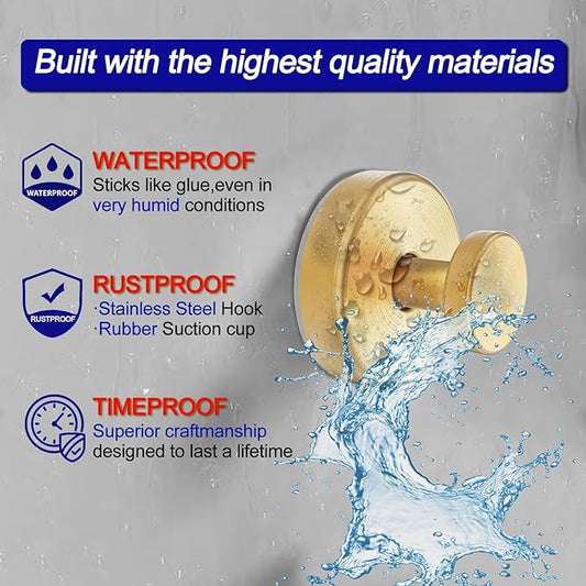 Suction Cup Hooks for Shower, Removable Towel Hooks for Bathroom Window Glass Door Wall, Bath Robe Looafh Hook for Hanging - 4 Pack, Gold