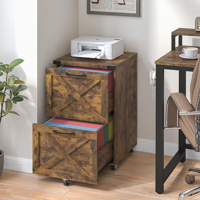2 Drawer Small File Cabinet with Wheels, Farmhouse Vertical Filing Cabinet Fits A4 or Letter Size, Under Desk Rolling File Cabinets for Home Office, Wooden Printer Stand, Brown