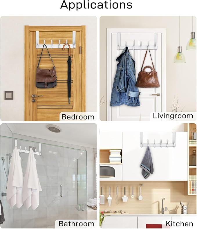Over The Door Hooks, Door Hanger Hooks for Hanging, Over The Doors Towel Racks for Bathroom with 10 Coat Hook, Coat Rack Bathroom Accessories(1 Pack, Silver)
