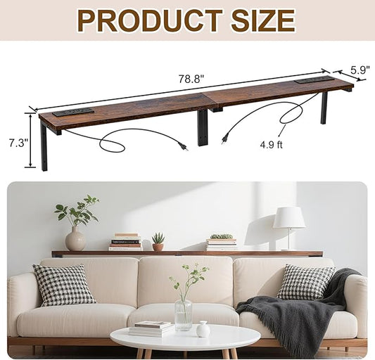 78.8" Narrow Console Table with Outlet, 5.9" Sofa Table Behind Couch Wall Mounted, 2 Pack with 4 Power Outlets 4 USB-C Ports 4.9ft Cord for Entryway, Hallway, Living Room, Rustic Brown