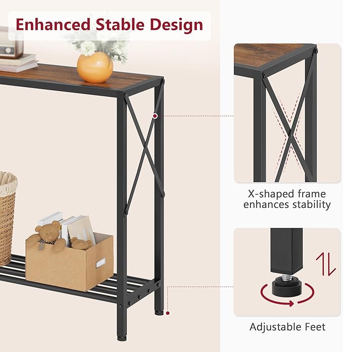 Tajsoon 2 Pack Console Table, 2 Tier Small Hallway Table, Narrow Sofa Table for Entryway with Open Shelves for Living Room, Hallway, Foyer, Office, Rustic Brown
