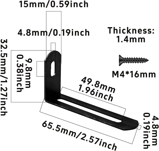 20Pcs 2.6"x1.3"x0.6"Adjustable Right Angle Brackets, Slotted L Bracket Metal 90 Degree Corner Fastener L-Shape Corner Brace Support Black Shelf Bracket