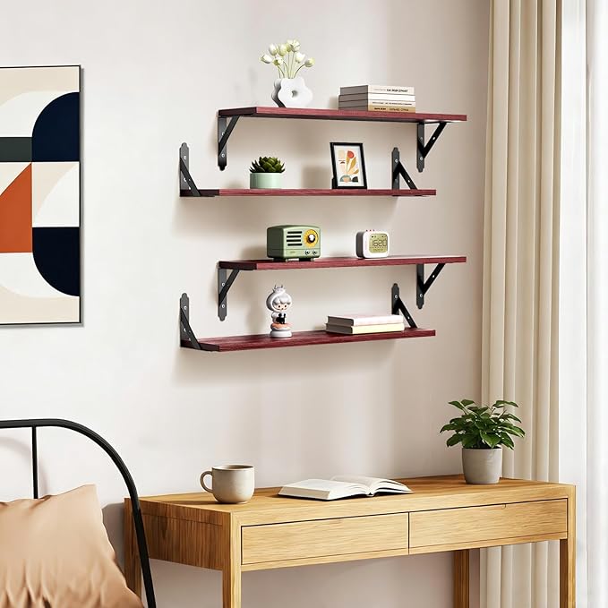 Wood Floating Shelves Set of 4, Rustic Storage Decor Wall Shelves, Wall Mounted Shelf for Living Room, Bedroom 23.6" x 6", Red