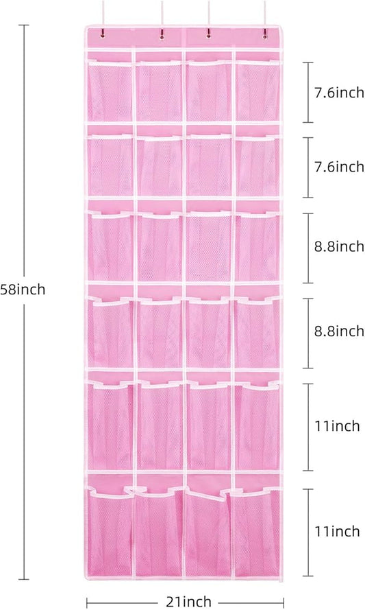 Hanging Shoe Organizer, Over The Door Shoe Organizer with 24 Breathable Mesh Pockets for Men Women Kids Hanging Shoe Storage Rack Organizer Size:58x21 Inch(Pink)