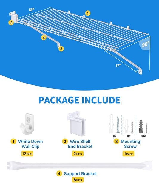 6 Pack 12 Inch Wire Shelf Brackets Set, Closet Maid Support Brackets with Anchors and Screws, Wire Closet Shelving Accessories with 12 PCS Wire Shelf Clips for Wardrobe and Wall Bracket