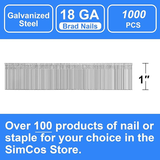 18 Gauge Brad Nails 4 Sizes (2",1-1/2",1-1/4",3/4") Galvanized 18 GA Nail Gun Nails Assorted and Small Finishing Nails for Pneumatic, Electric Brad Nailer (1" - 1000 PCS)