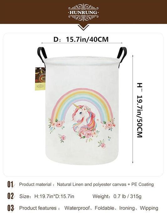 HUNRUNG Laundry Hamper,Large Canvas Fabric Lightweight Storage Basket Toy Organizer Dirty Clothes Collapsible Waterproof for College Dorms(Round-Rainbow Unicorn)