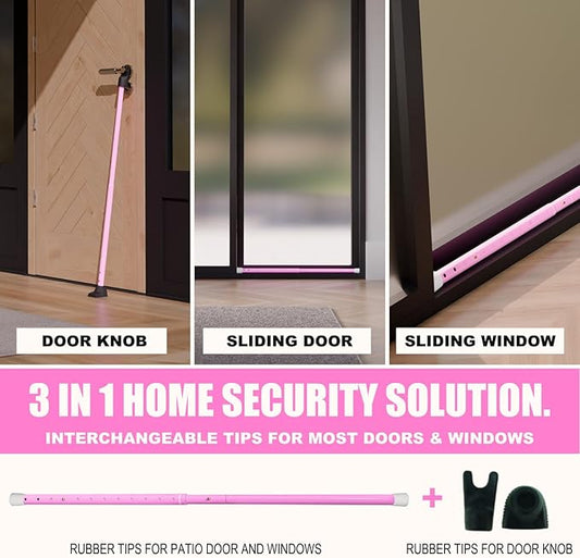 SECURITYMAN 3-in-1 Door Security Bar & Sliding Door Security Bar - Withstands 400lbs of Force - Door Jammer Constructed of High Grade Iron - Pink Door Stoppers - Patio, Window, Hinged Doors