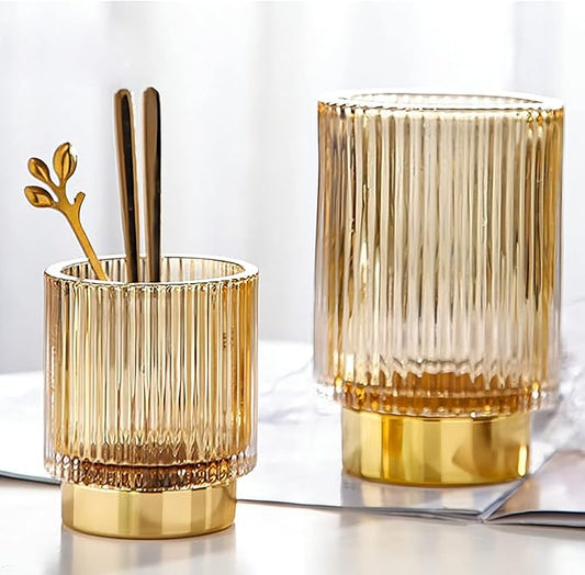 DASITON Makeup Brush holder Organizer,Crystal Cosmetic Makeup Brush Glass Brushes Storage Holder, Vintage Make Up Brush Cup Pen Pencil Holder striped vase(Coffee L)