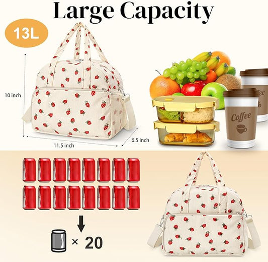 Coobiiya 13L Insulated Lunch Bag for Women & Men, Reusable Corduroy Lunch Tote, Large-Capacity Lunch Box with Leak-Resistant Liner
