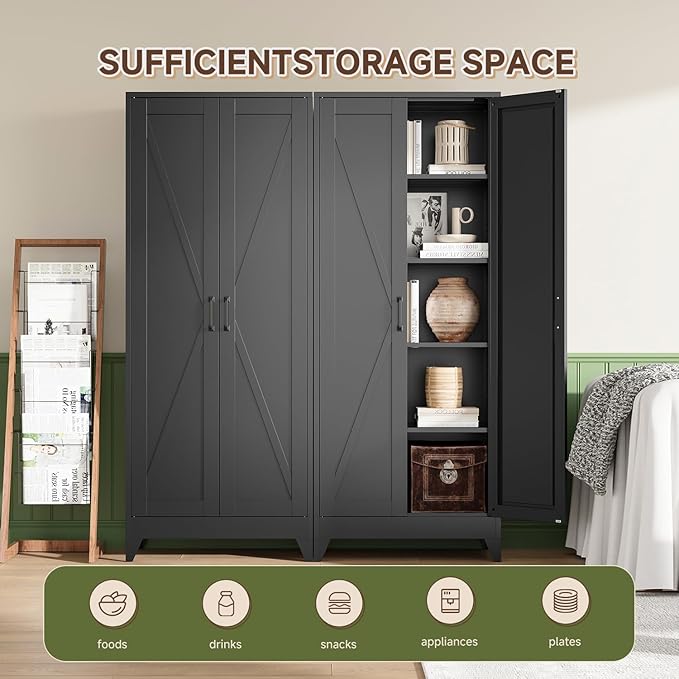 Letaya 75" H Metal Storage Cabinet with 2 Doors and 4 Shelves,Tall Kitchen Pantry Cabinets,Farmhouse Utility Pantry Organizers for Cupboard/Dining/Bathroom/Home Office/Garage Room,Black