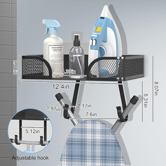 Ironing Board Holder Wall Mount, Ironing Board Hanger, Laundry Room Decor Organization and Storage with Large Storage Grid Base Basket and Hooks(T&V Shaped)