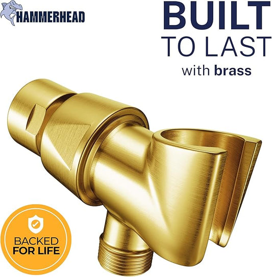 HammerHead Showers Solid Metal Handheld Showerhead Holder, Adjustable Wand Holder with Universal Wall Hook Bracket and Brass Pivot Ball, Brushed Gold