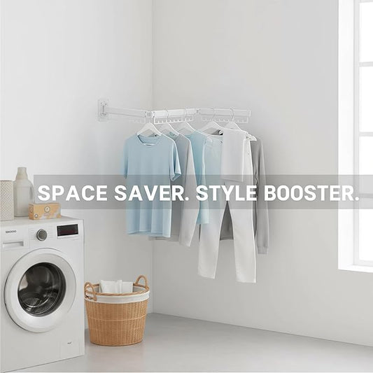 Clothes Drying Rack Wall Mounted,Collapsible & Retractable Laundry Hanging Rack, Space-Saving Indoor Outdoor Clothes Rack for Laundry Balcony Bedroom Bath Room (White)