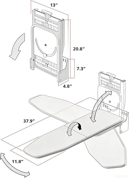 Nisorpa Wall Mounted Ironing Board 37.9" x 11.8" Fold Away 180° Swivel Iron Board with Heat Resistant Cover in Wall Ironing Board Space Saving for Home Laundry Room