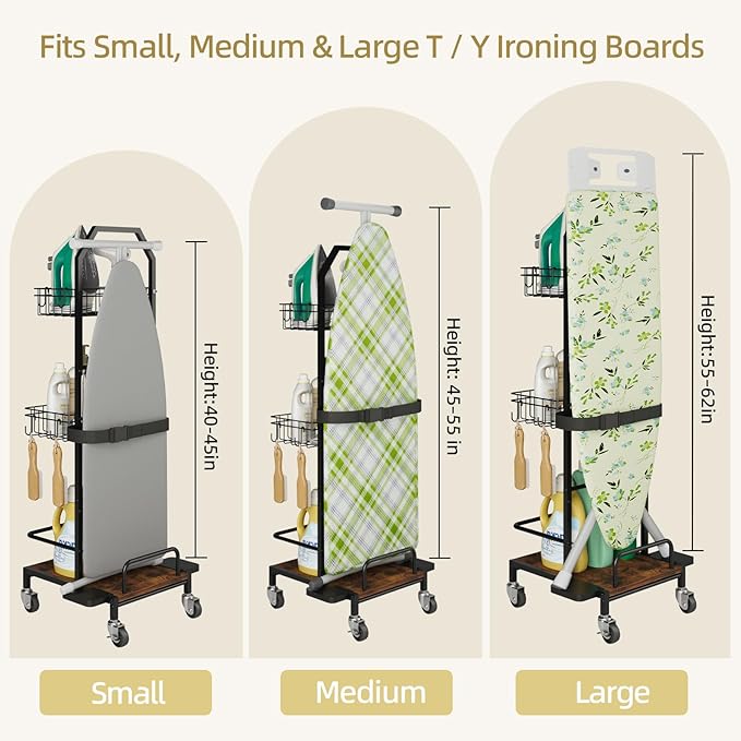Ironing Board Holder Cart for Small & Narrow Laundry Rooms, Freestanding Iron & Ironing Board Storage Rack for T & X Boards with 3-Tier Shelves, Rolling Metal Wheels, Hooks, No Wall Mount