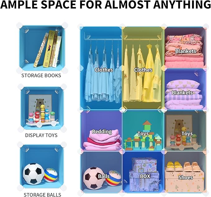 VIPZONE Baby Dresser, Kids Closet Organizers, Portable Kids Wardrobe for Closet, Bedroom, Nursery, Cubby, Cabinet, Clothes, Dress, Baby Storage Shelf, Armoire Clothes Hanging (Blue)