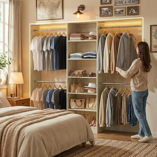 Homieasy Closet Organizer System, 4.5-10ft Modular Wooden Storage with 5 Hanging Rods & Shelving Tower, Adjustable for Walk-in Reach-in Bedroom Closets, Light Oak