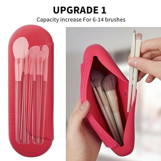 Silicone Makeup Brush Holder Travel Cosmetic Bag:Soft Portable Cosmetic Face Brushes Holder with Upgrade Anti-Fall Out Magnetic Closure, Large Travel Makeup Brush Case - Carmine