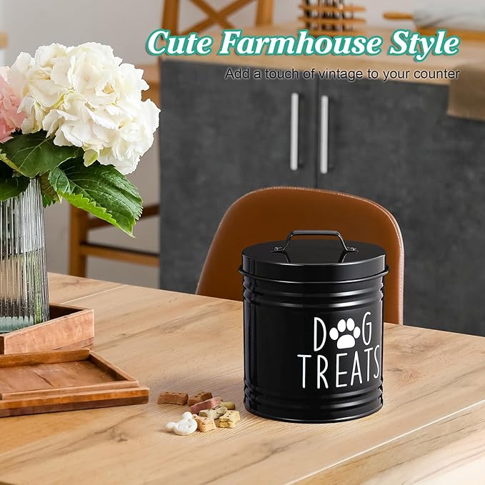 Large Dog Treat Container Airtight - 6.6" Tall X 6" Round Black Dog Treat Jar for Kitchen Counter - Rustic Treat Storage Canister for Dogs, Cats, Small Animals