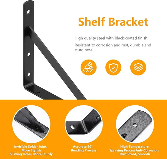 Heavy Duty Shelf Brackets 12 x 8 inches, 6 Pack Black Metal Shelves Supports, Load Capacity: 600 lb, Wall Mounted Angle L Floating Shelf Bracket, Rough Texture Powder Coating, HOME MASTER HARDWARE