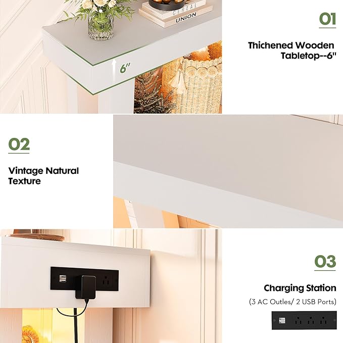 Unikito 63'' Farmhouse Console Table with Power Outlets and Sensor Light, Wooden Entryway Table with Storage, Rectangular Sofa Tables Behind The Couch for Entrance, Hallway, Living Room,