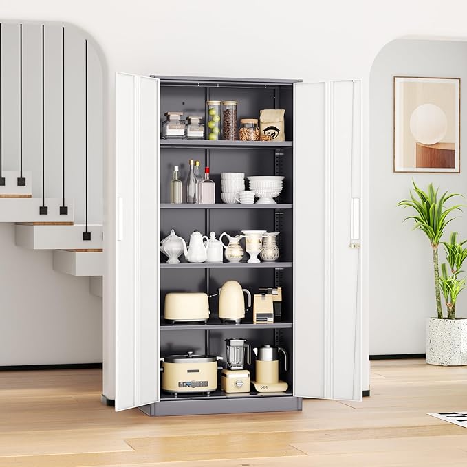 INTERGREAT Metal Storage Cabinet, 72” H Storage Cabinet with Doors and Adjustable Shelves for Office, Home, Garage, Pantry (Assembly Required, Grey White)