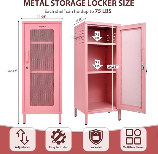 Metal Storage Cabinet, 39.37" H Small Pink Metal Locker Cabinets with Lockable Mesh Door and Handle, 2 Adjustable Shelves, 2 Pegboards & 6 Hooks for Home, Office, Bedroom, Kitchen, Assembly Required
