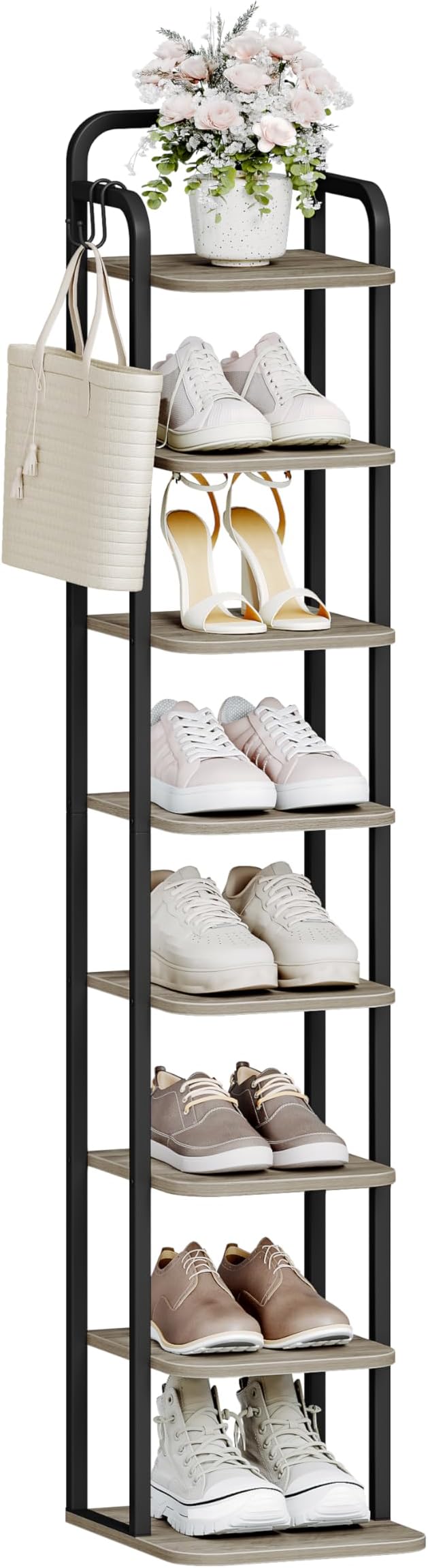 8 Tiers Vertical Shoe Rack, Narrow Shoe Tower, Tall Shoes Shelf with 2 Hooks, Adjustable Shelves, Corner Shoes Shelves for Small Spaces, Entryway, Living Room, Greige SR04305B