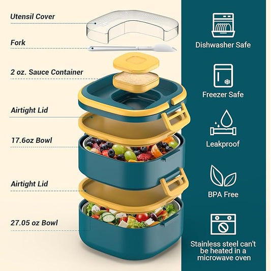 Stackable Stainless Steel Bento Box with Insulated bag,Leak-Proof,2-Tier Bento box,Lunchbox container With Portable Sauce Pod and Cutlery-for Kids/Adult,Dishwasher/MicrowaveSafe,Blue