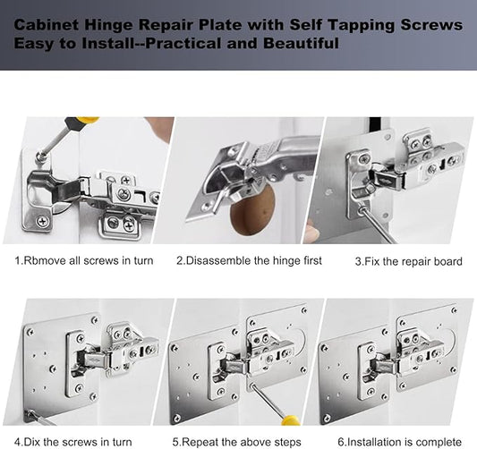 6 PCS Cabinet Hinge Repair Plate, Hinges Repair Fixing Plates, Stainless Steel Cabinet Repair Board, Kitchen Cupboard Door Hinge Repair Brackets Kit, Cabinet Fixing Plate Bracket with Mounting Screw