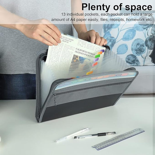 NAFY Expanding File Folder, 13 Pockets Document Organizer with Zipper, A4 Letter Size Portable Accordion Expanding File Folders with 27pcs Multicolor Labels for Home Office School Supplies (Black)