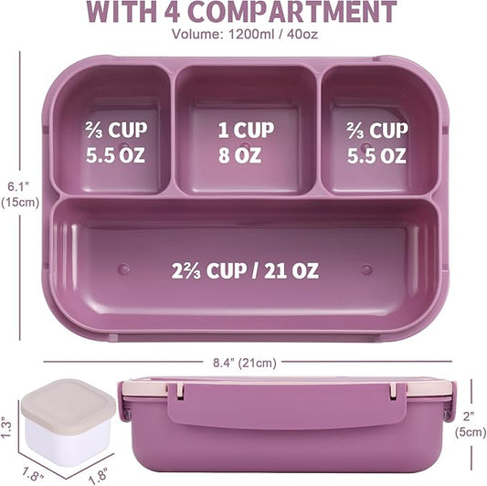 Bento Box Adult Lunch Box, Lunch Containers for Kids Girls Boys with 4 Compartments, Lunchable Food Container with Utensils, Sauce Jar, Muffin Liners, 40 Oz/5 Cup, Dark Purple