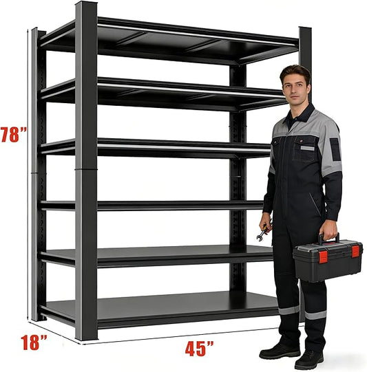 45"W x 18"D 6-Tier Garage Shelves Heavy Duty, Adjustable Steel Shelving Units, Garage Storage Shelf Heavy Duty Industrial Metal Organizer for Basement, Warehouse, Pantry, Kitchen, Black, 78"H