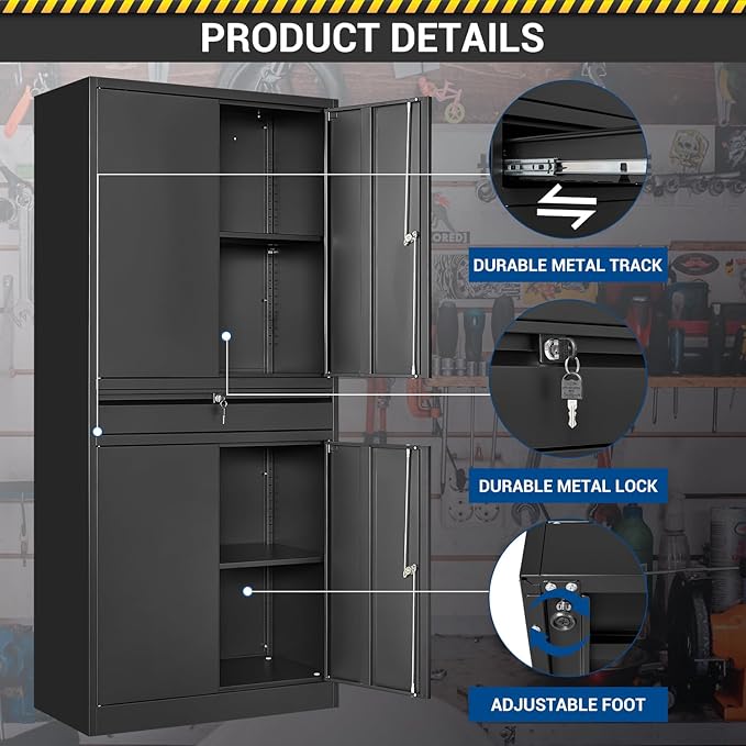 71" Metal Cabinet-Black Heavy Duty Storage File Cabinet Steel Tool Cabinets with Shelves, Lockable Doors and Drawers- for Garage, Pantry, Warehouse - Assembly Required