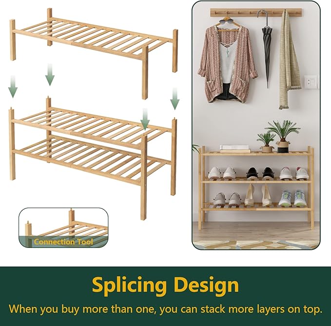 Z&L HOUSE 3-Tier Shoe Rack for Closet, Stackable Shoes Rack Organizer Free Standing Shoe Shelf for Entryway and Closet Hallway, Multifunctional Bamboo Rack in Different Combinations (3-Tier)
