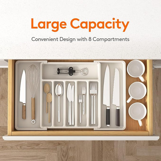 Lifewit Silverware Drawer Organizer, Expandable Utensil Tray for Kitchen, BPA Free Flatware and Cutlery Holder, Adjustable Plastic Storage for Spoons Forks Knives, 13-22 x 15", White