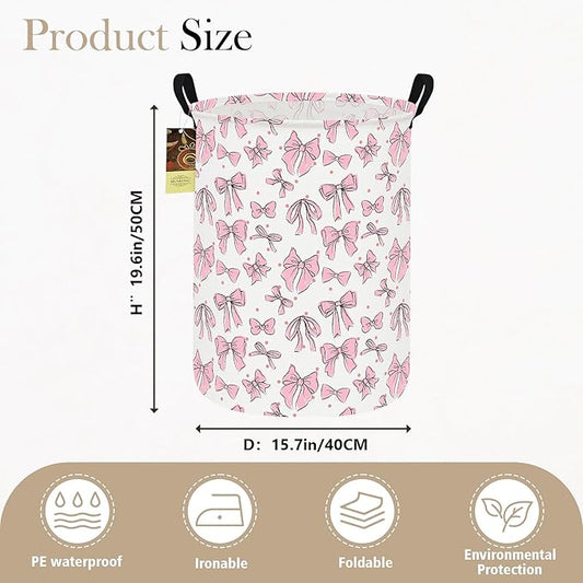 HUNRUNG Laundry Hamper,Large Canvas Fabric Lightweight Storage Basket Toy Organizer Dirty Clothes Collapsible Waterproof for College Dorms(Round-Pink Bow)