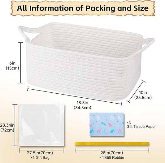 OIAHOMY Woven Basket, Gift Basket Empty with Gift Bags, Ribbons and Wrap Tissue Paper, Rope Baskets for Baby Showers, Storage Baskets with Handles for Nursery, Pet Toy Organizer - Easter White