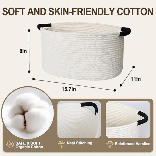 Woven Dog Toy Basket, 15.7"x11"x8" Cotton Rope Dog Toy Bin Box for Living Room, Decorative Cat Pet Supplies Puppy Bin with Handles, Soft Cat Toy Basket Organizer, Wicker Storage Holder, White