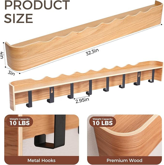 Wall Coat Rack Floating Shelves Modern Coat Rack Wall Mount with Storage Entryway Shelf Wooden Hanger 20 Inch 4 Hidden Metal Hooks for Living Room Bedroom (Wavy Oak, 8 Hooks)