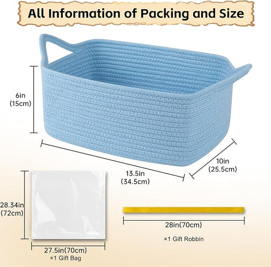 OIAHOMY Woven Basket, Gift Basket Empty with Gift Bags and Ribbons, Rope Baskets for Baby Showers, Storage Baskets with Handles for Nursery, Pet Toy Organizer - Blue