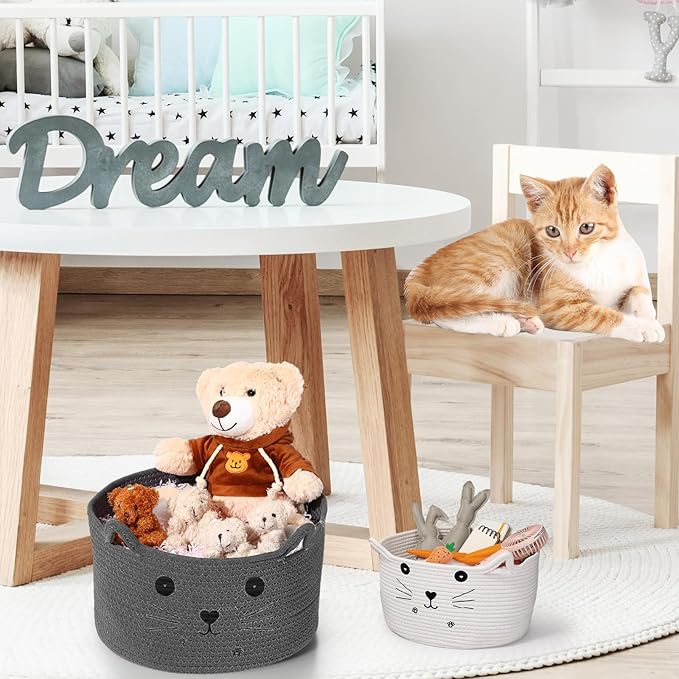 Zopeal Cat Basket Storage Woven Organizer with Ears Easter Decorative Gift Pet Toy Cute Cotton Rope Basket for Gift Cat Dog Toy Bin Nursery Room(13.7 x 7.8 Inch,Dark Grey)