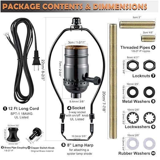 Lamp Making Kit,Make a Lamp or Repair Kit,3-Way Lamp Socket with Matching Cord Lamp Harp Set,Lamp Wiring Kit for Table Floor Lamp,Essential Hardware for DIY Lamp Design or Repair (Black, 1)