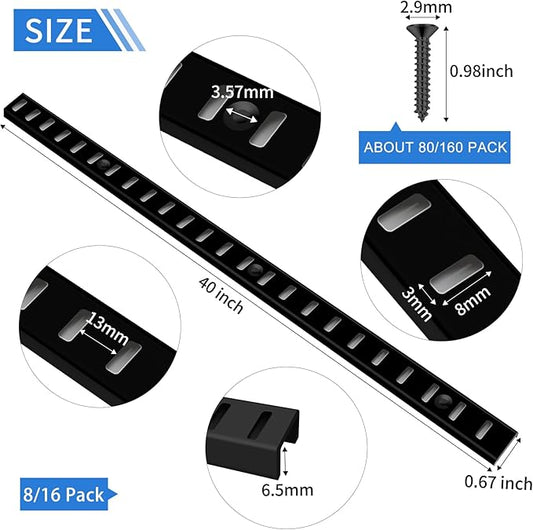 8 Pcs 40 Inch Shelf Pilaster Tracks and 24 Pcs Shelf Clips Adjustable Metal Shelving Rail Mortise Mount Pilaster Strip Standard for Bookcases Cabinet Closet Shelving System (8, Black)