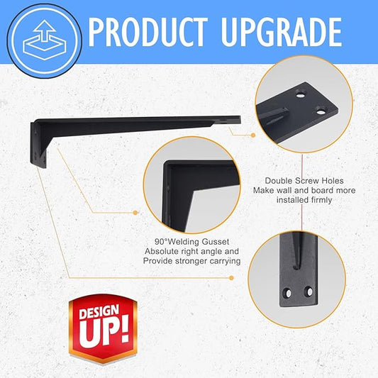 CLT Shelf Bracket( Black) , 8” Quarter Inch (1/5") Thick- Max Load: 220 lb Rustic Industrial Modern Farmhouse Heavy Duty Corner Brace Joint Right Angle Bracket for DIY Table Bench, Pack of 6